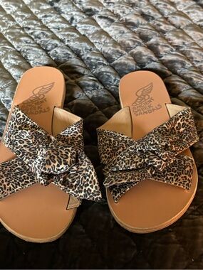 Ancient Greek Sandals Leopard Print Bow Slides - Tan/Brown